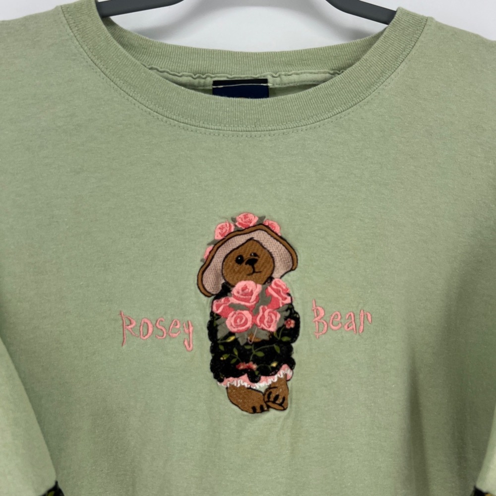 VTG Rosey‎ Bear Embroidered T Shirt Womens XL Green Short Sleeve Posy Bear Top - Picture 3 of 12